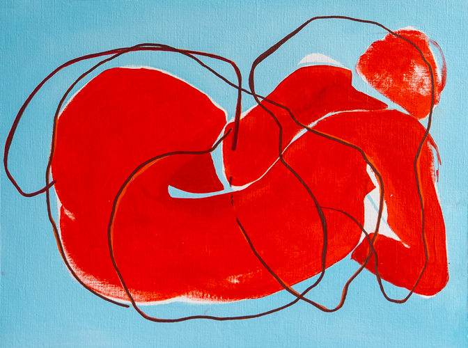 Oil on paper figurative painting of a curled red figure defined by flowing contour lines against a pale blue ground, by Georgian Bay artist Joanna Aplin.