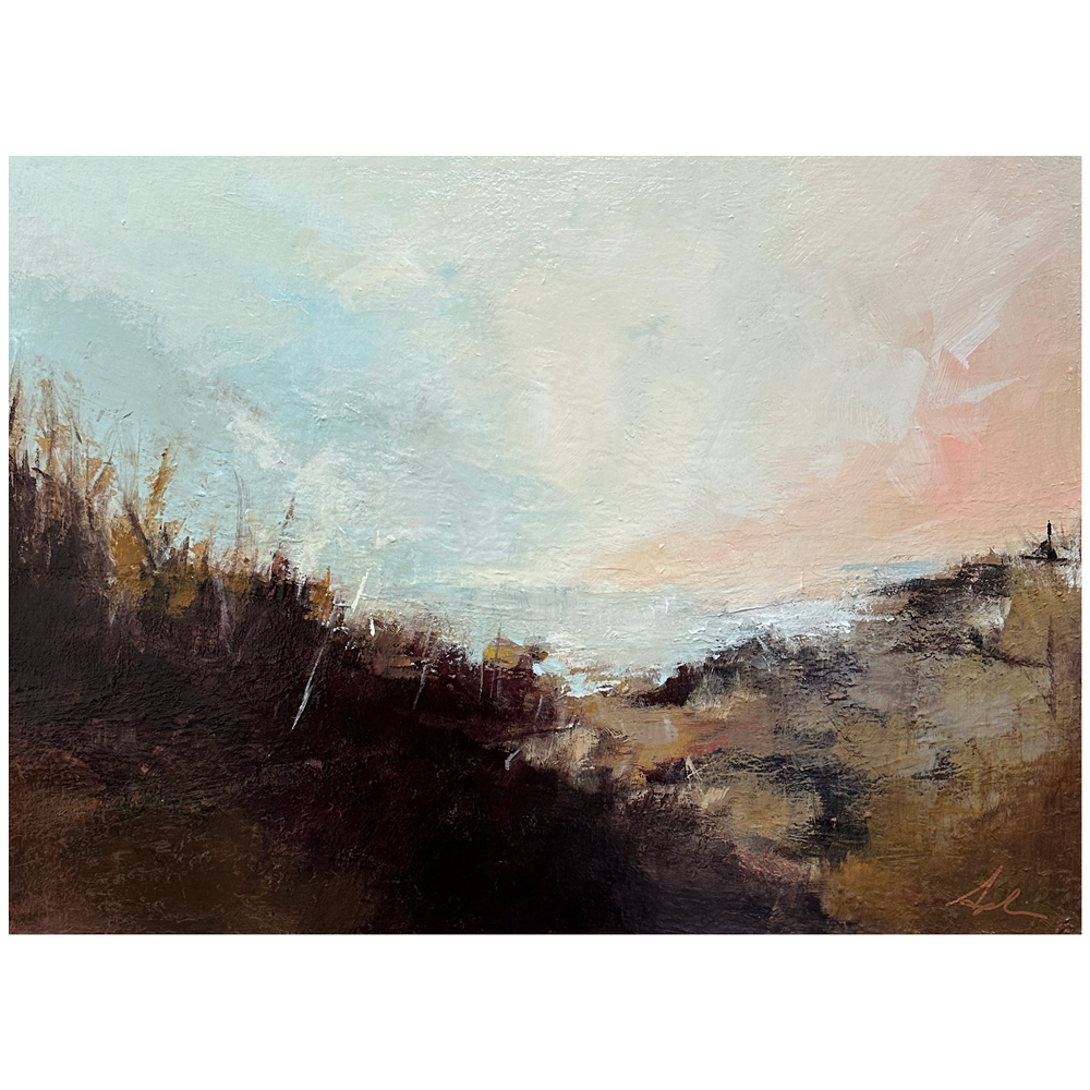 Atmospheric landscape painting of dark foreground foliage and earthy tones opening to a hazy pale blue and pink sky, with soft light breaking through, by fine artist Joanna Aplin