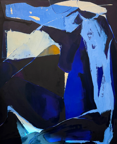 Figurative painting in deep blues, blacks, and pale blues with angular geometric forms, photographed hanging on a gallery wall, by Canadian figurative artist Joanna Aplin.