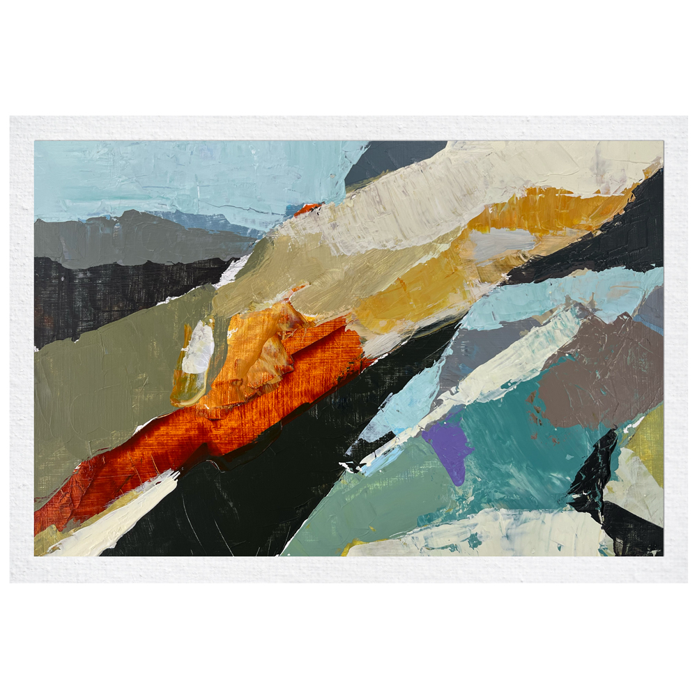 Expressive landscape with a striking diagonal of light blue cutting between dark earth tones and warm orange and yellow landforms, by Joanna Aplin, Georgian Bay artist.