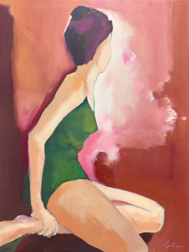 Figurative painting of a seated figure in a green garment against a warm pink and rose background, by Owen Sound artist Joanna Aplin.