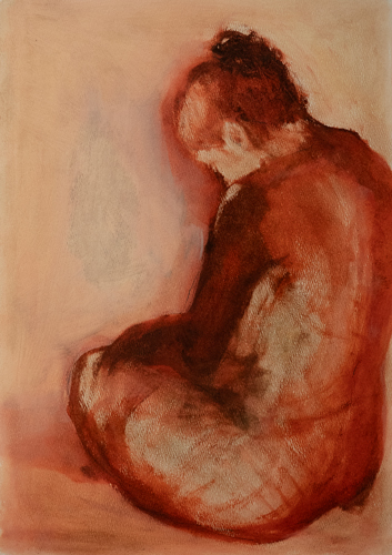 Figurative painting of a seated figure in warm reds and siennas with a contemplative downward gaze against a soft pink ground, by figurative artist Joanna Aplin, Owen Sound Ontario.