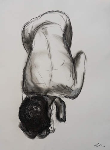 Figurative drawing of a crouched figure seen from above with bold dark linework and soft shading on a light ground, by Canadian artist Joanna Aplin.