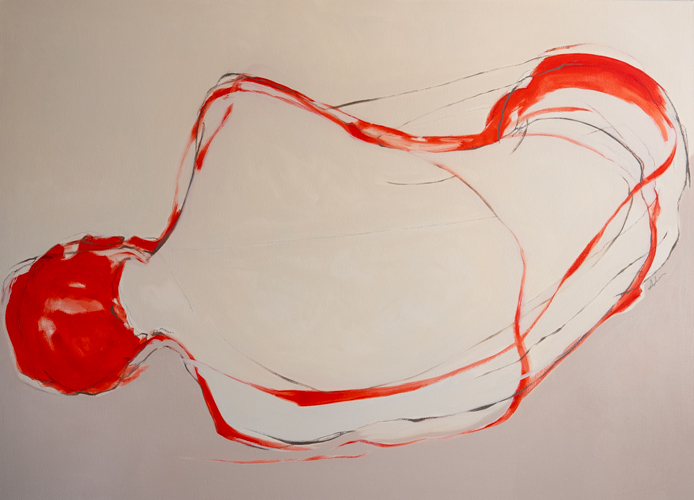 Reclining figure study outlined in gestural red and charcoal strokes, with a vivid red head at the left on warm white.