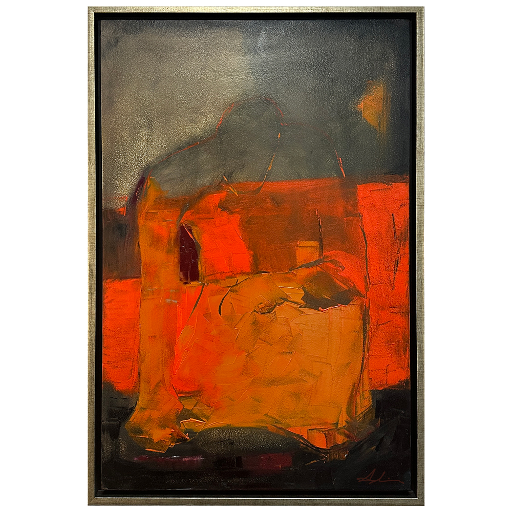 Figurative painting of a large seated or crouching form rendered in fiery orange and red with a dark grey upper portion, conveying weight and quiet intensity, by Canadian figurative artist Joanna Aplin