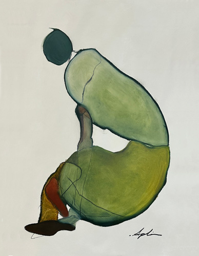 Figurative work of a crouching figure in layered greens and teal with touches of red and ochre at the feet, set against a pale background with fluid organic forms, by Joanna Aplin, Toronto artist