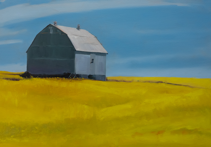 Landscape painting of a solitary barn on a bright yellow canola field beneath a clear blue sky, by Canadian artist Joanna Aplin.