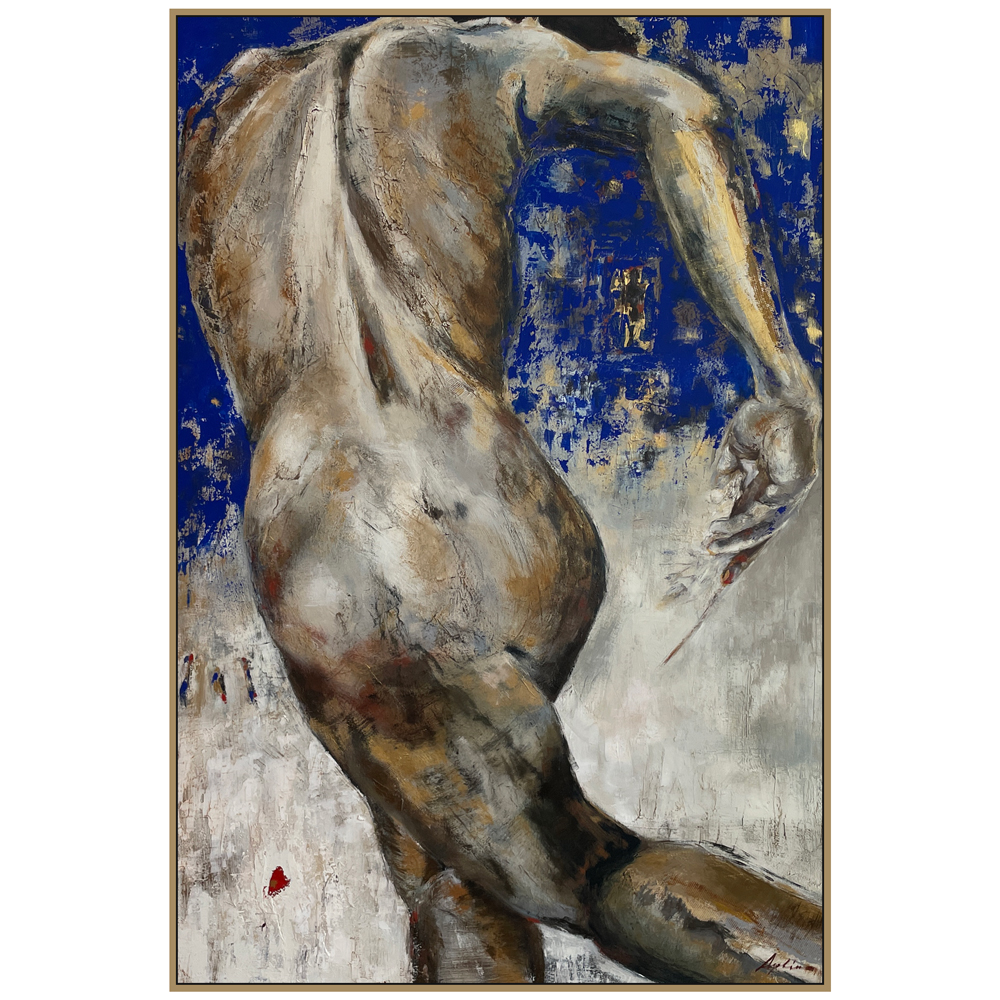 Figurative painting of a standing figure viewed from behind in a twisting pose, rendered in warm ochres, greys, and raw tones against a deep blue and pale textured background, displayed in a gold float frame, by figurative artist Joanna Aplin, Owen Sound Ontario.