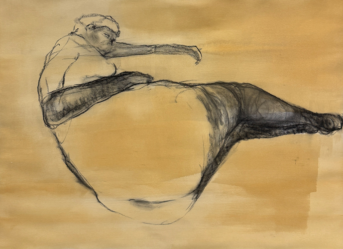 Figurative work of a standing form in muted greens and yellows against a split background of dark brown and soft pink, by Georgian Bay artist Joanna Aplin.