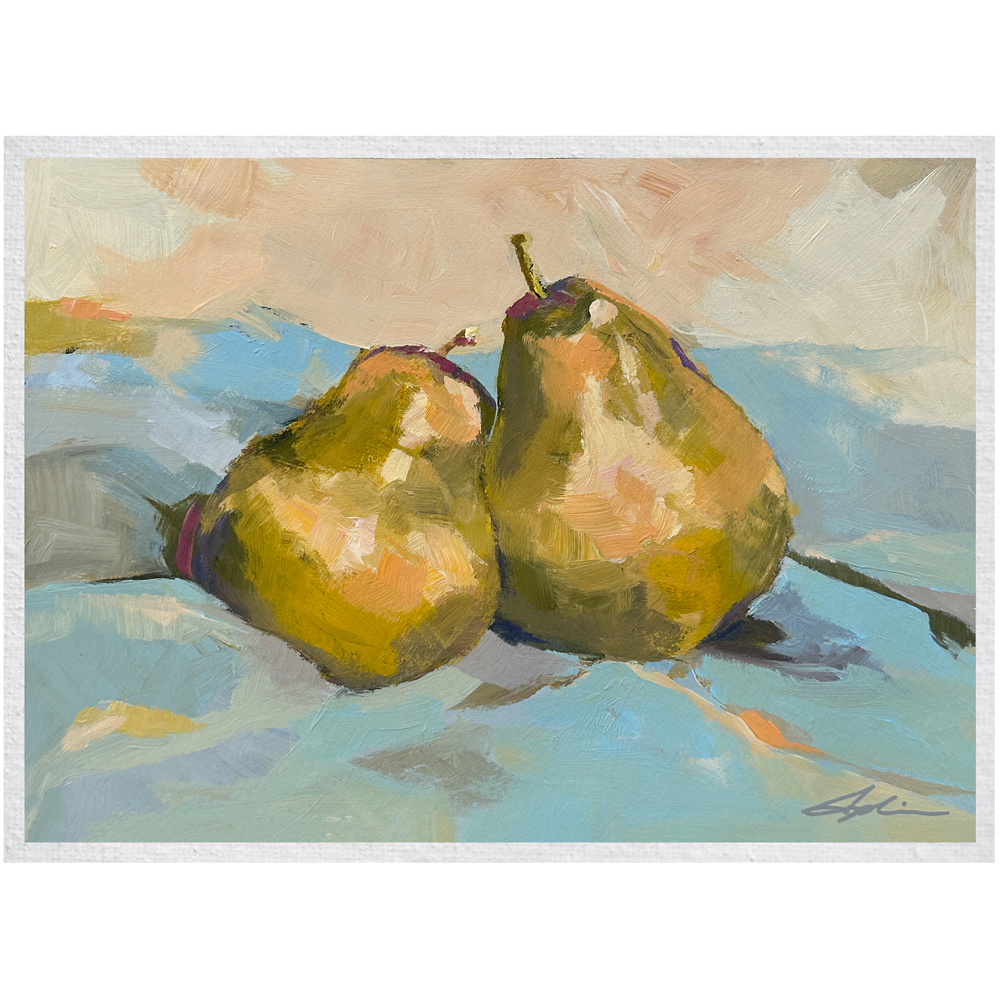 Still life painting of two green pears leaning together on a pale blue cloth with a warm peach background, painted with lively brushwork and soft light, by Joanna Aplin, Canadian artist