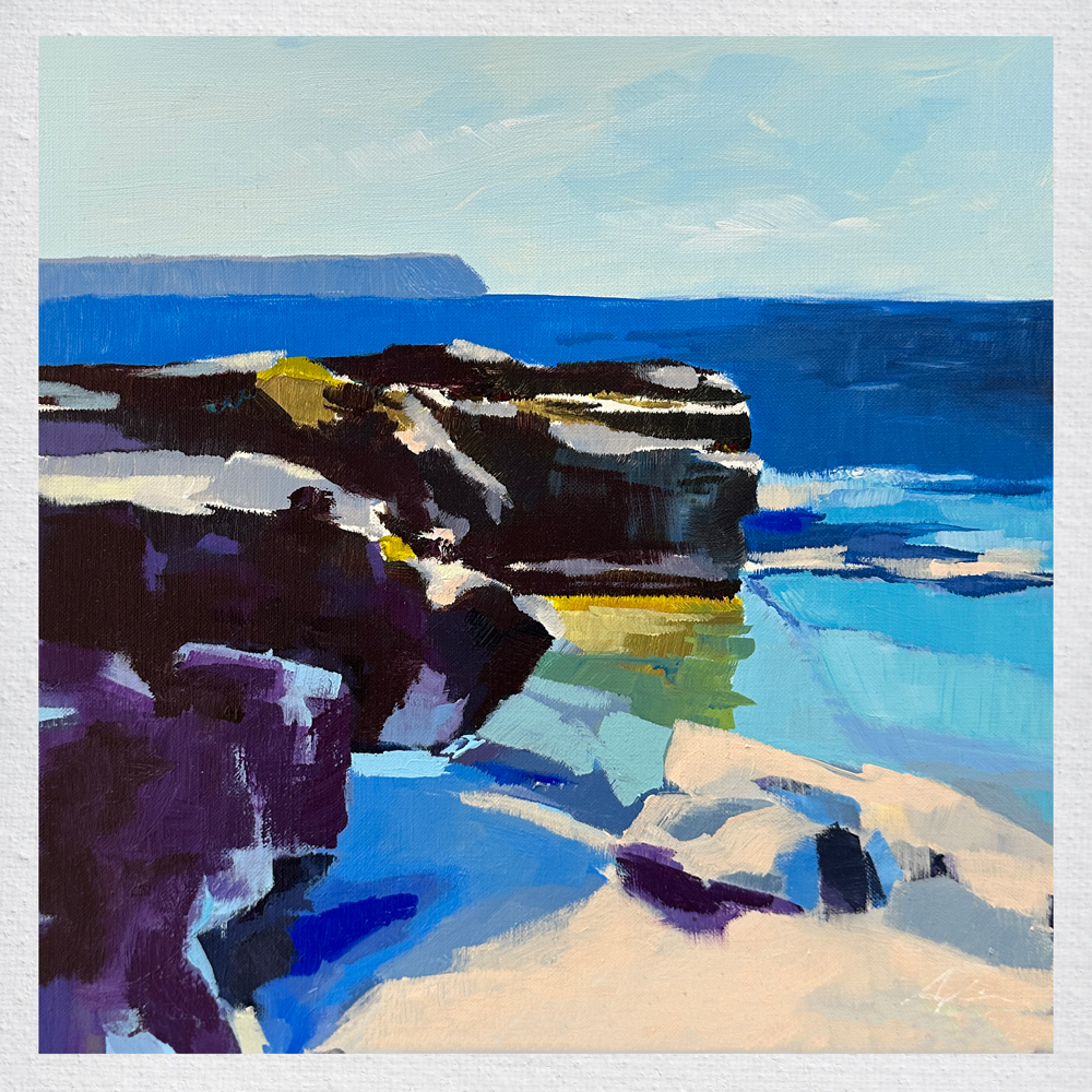 Landscape painting of rugged dark rock formations and pale stone ledges overlooking bright turquoise water under a clear blue sky, by Joanna Aplin, Owen Sound Ontario artist