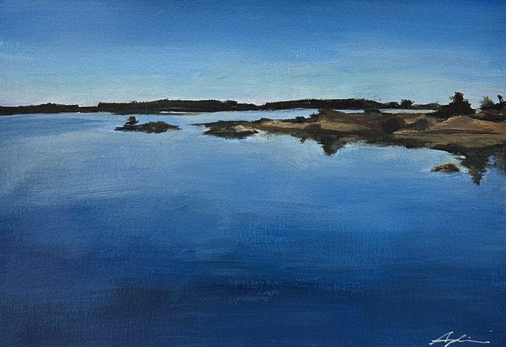 Landscape painting of a calm blue bay with rocky outcrops and a low distant shoreline under a clear sky, capturing the stillness of Georgian Bay by Joanna Aplin, Owen Sound Ontario artist