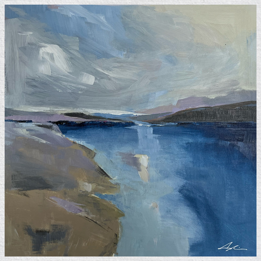 Landscape painting of a still blue waterway edged by earthy shoreline under a soft grey and blue sky with cloud reflections on the water's surface, by Joanna Aplin, Canadian landscape artist