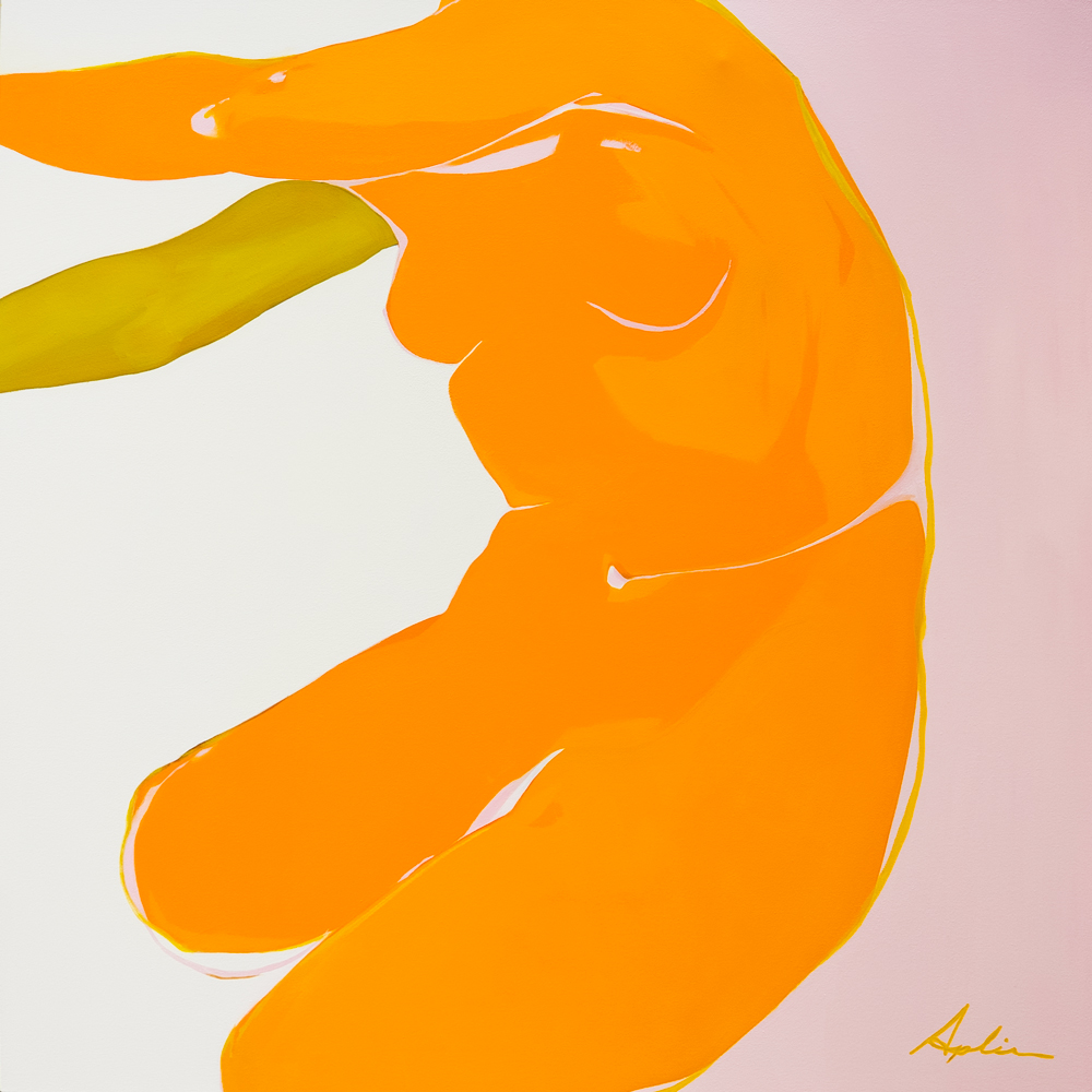 Figurative painting of a crouched figure in vibrant orange and yellow against a split white and soft pink background, by Georgian Bay artist Joanna Aplin.