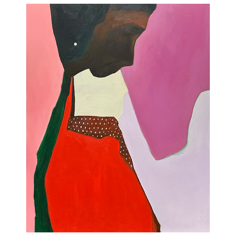 Acrylic on canvas figurative painting of a figure in profile wearing bold red and green with a polka dot pattern, set against vivid pink and magenta tones, by Canadian figurative artist Joanna Aplin.