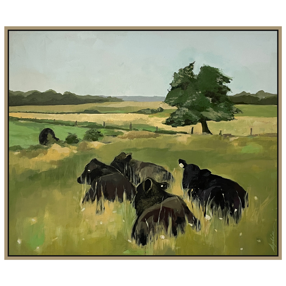 Landscape painting of dark cattle resting in a sunlit green field with a lone tree and rolling farmland stretching to the horizon under a pale sky, by Joanna Aplin, Owen Sound Ontario artist