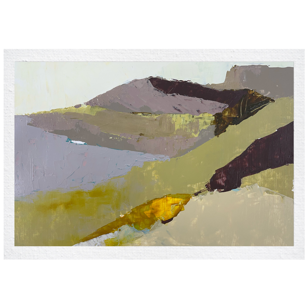 Muted landscape painting in soft lavender, sage green, and cream with a distant hill form and a flash of deep gold, by Owen Sound artist Joanna Aplin.
