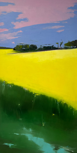 Tall landscape painting of vibrant yellow and green fields rising toward a lavender and pink sky with distant farm buildings on the horizon, by Joanna Aplin, Canadian landscape artist