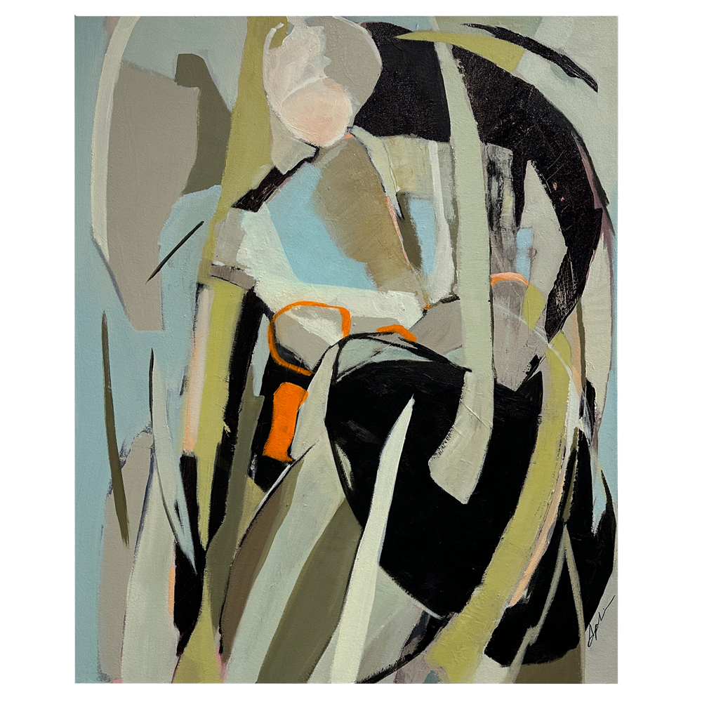 Figurative painting of a seated figure abstracted within sweeping curves of black, olive, pale blue, and grey with orange accents, surrounded by dynamic layered forms, by figurative artist Joanna Aplin