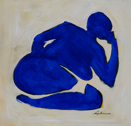 Figurative painting of a crouched figure rendered as a bold deep blue silhouette against a warm cream background, by Owen Sound artist Joanna Aplin.