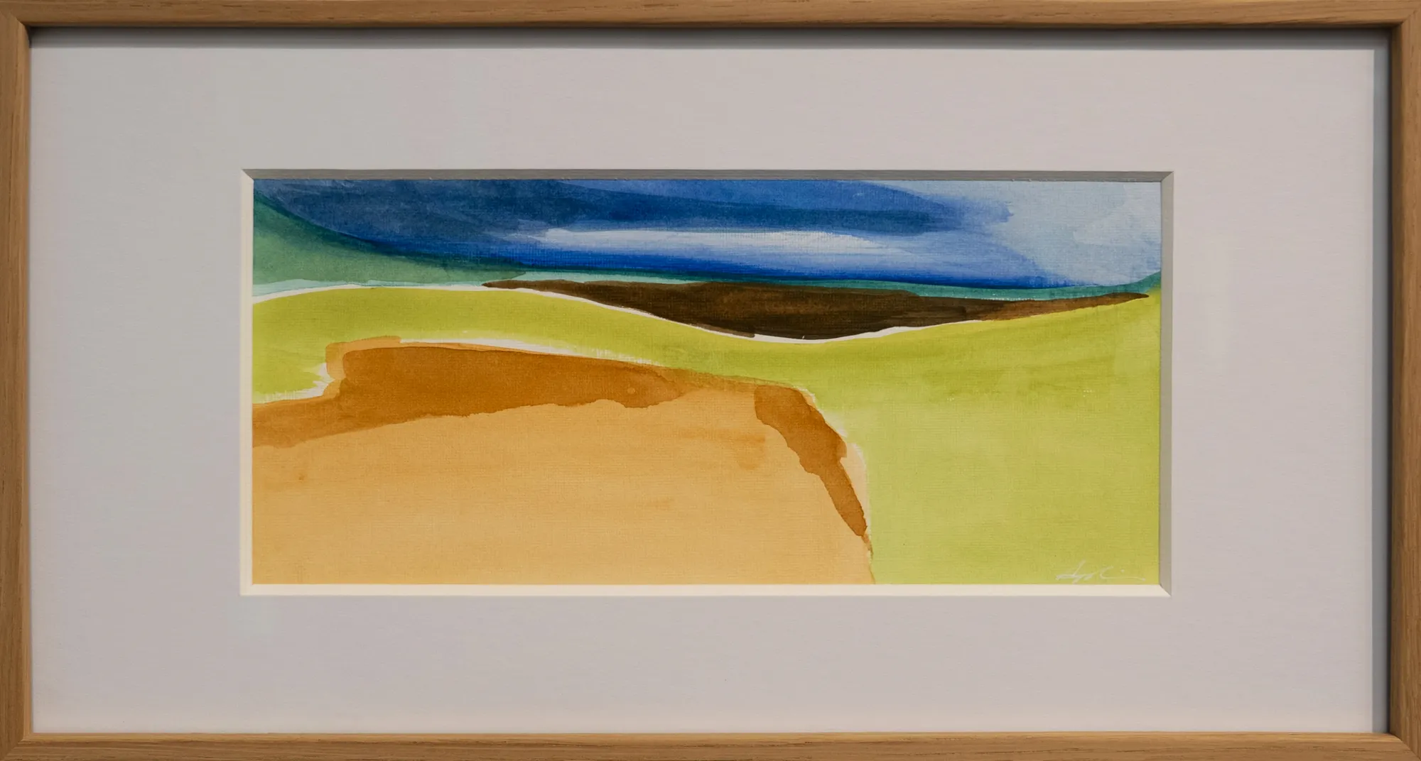 Gouache on paper abstract landscape of rolling fields and a distant horizon in layered bands of ochre, green, brown, and blue, by Georgian Bay artist Joanna Aplin.
