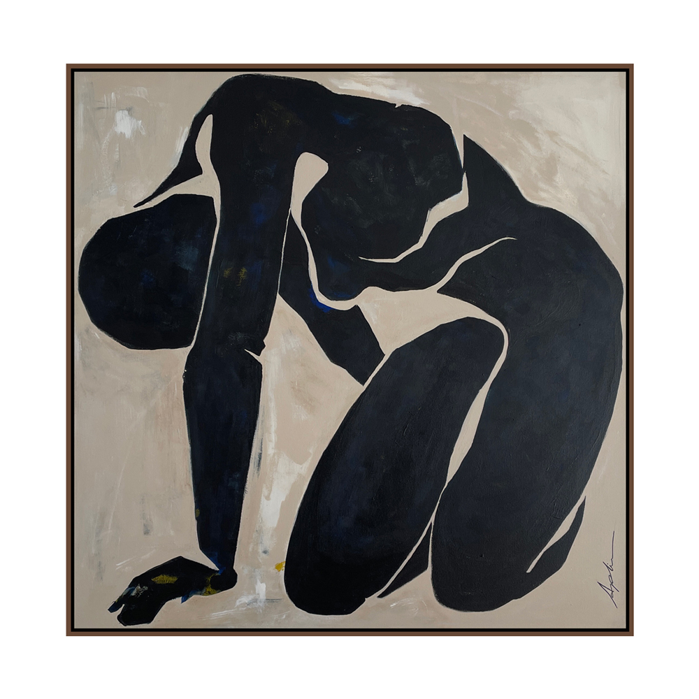 Figurative painting of a crouching figure in deep navy blue-black against a pale beige background, the body defined by bold simplified forms and white contour lines conveying quiet determination, displayed in a float frame, by Joanna Aplin, Canadian artist from Owen Sound Ontario.