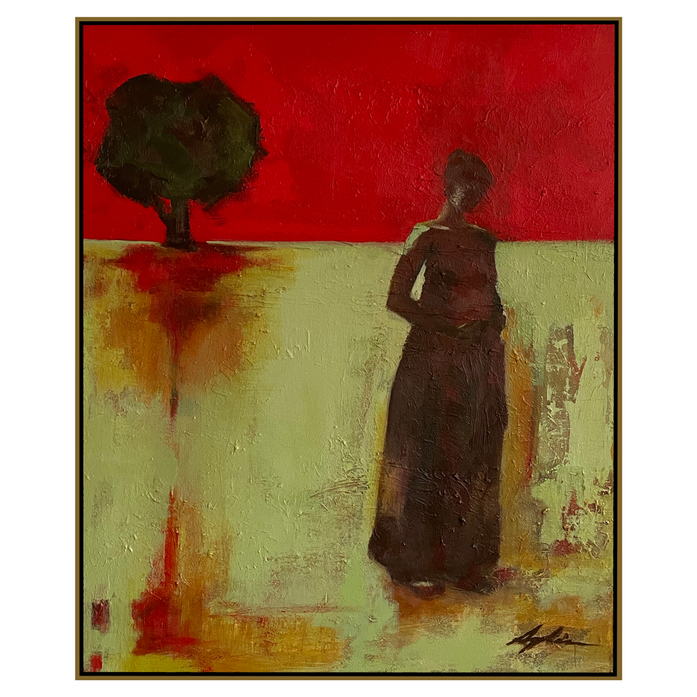 Figurative painting of a dark standing woman beside a lone tree against a bold red sky and textured yellow-green ground with rich surface layering, shown in a float frame, by Joanna Aplin, Georgian Bay artist