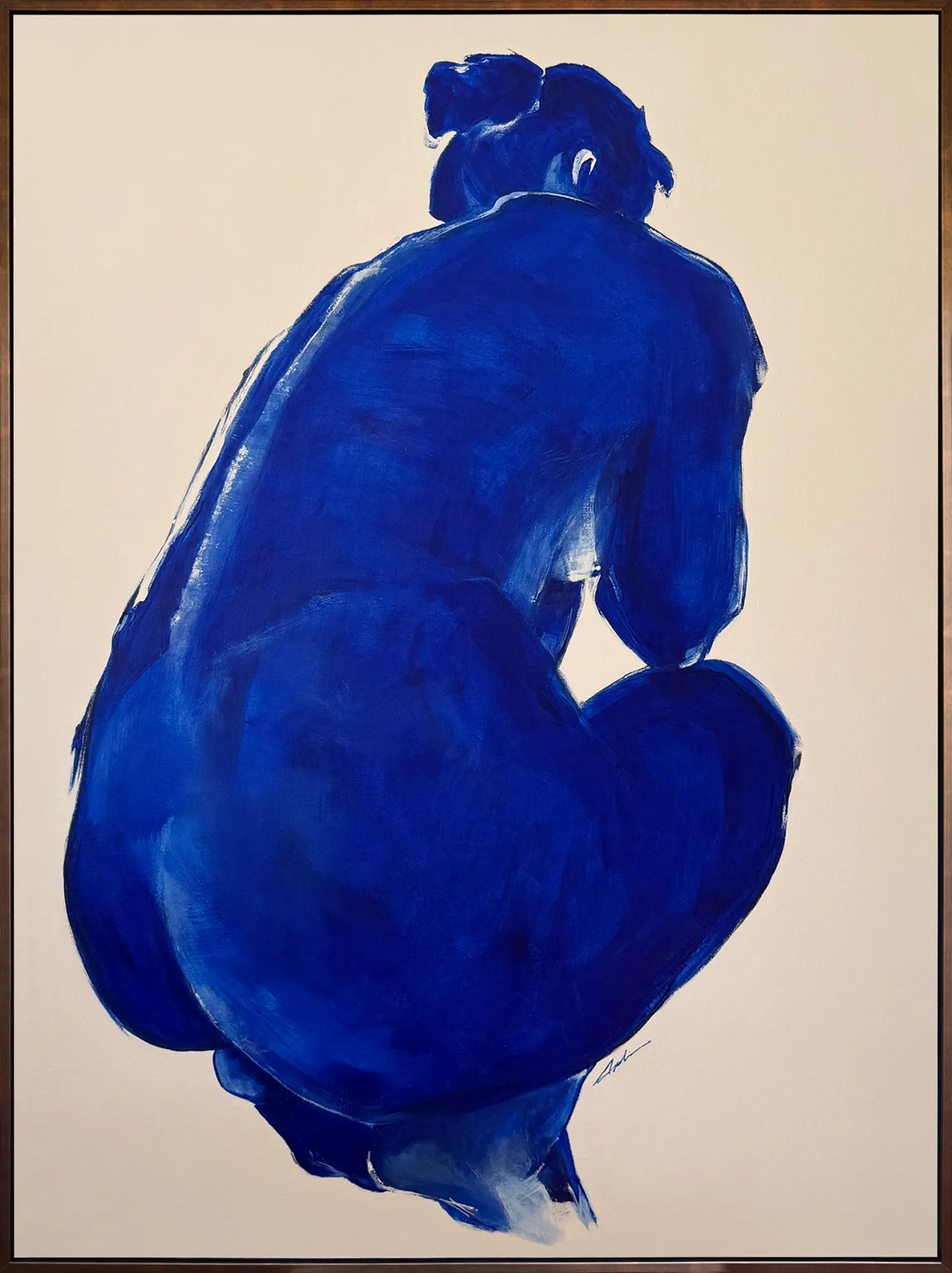 Figurative painting of a crouched figure rendered entirely in deep blue against a warm cream ground, by Canadian figurative artist Joanna Aplin.