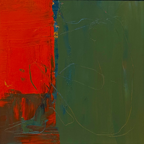 Oil on paper — a bold abstract figurative work split between vivid red and deep green with subtle drawn lines suggesting the human form, shown framed and matted, by Owen Sound artist Joanna Aplin