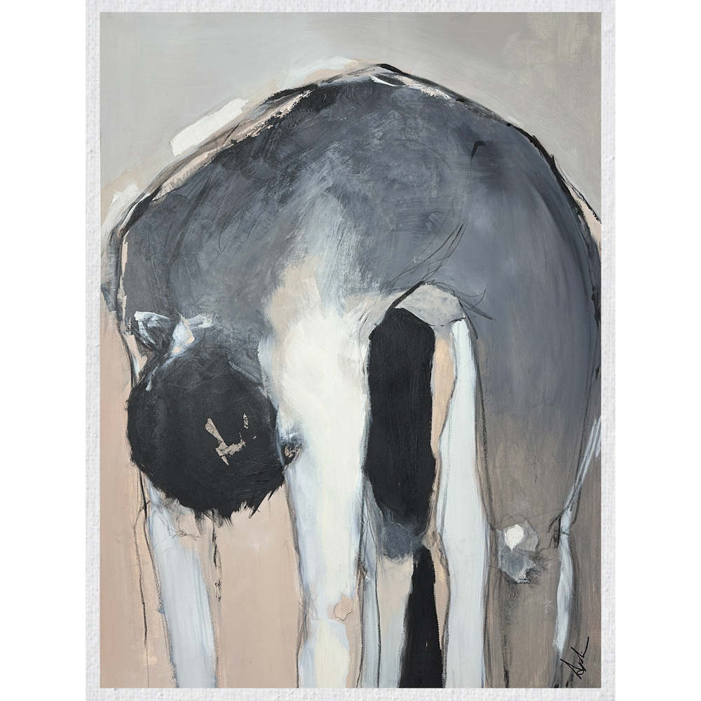 Mixed media on paper — a large bent-over figure rendered in greys, charcoal, and soft peach tones with expressive brushwork against a neutral background, by Joanna Aplin, Canadian figurative artist
