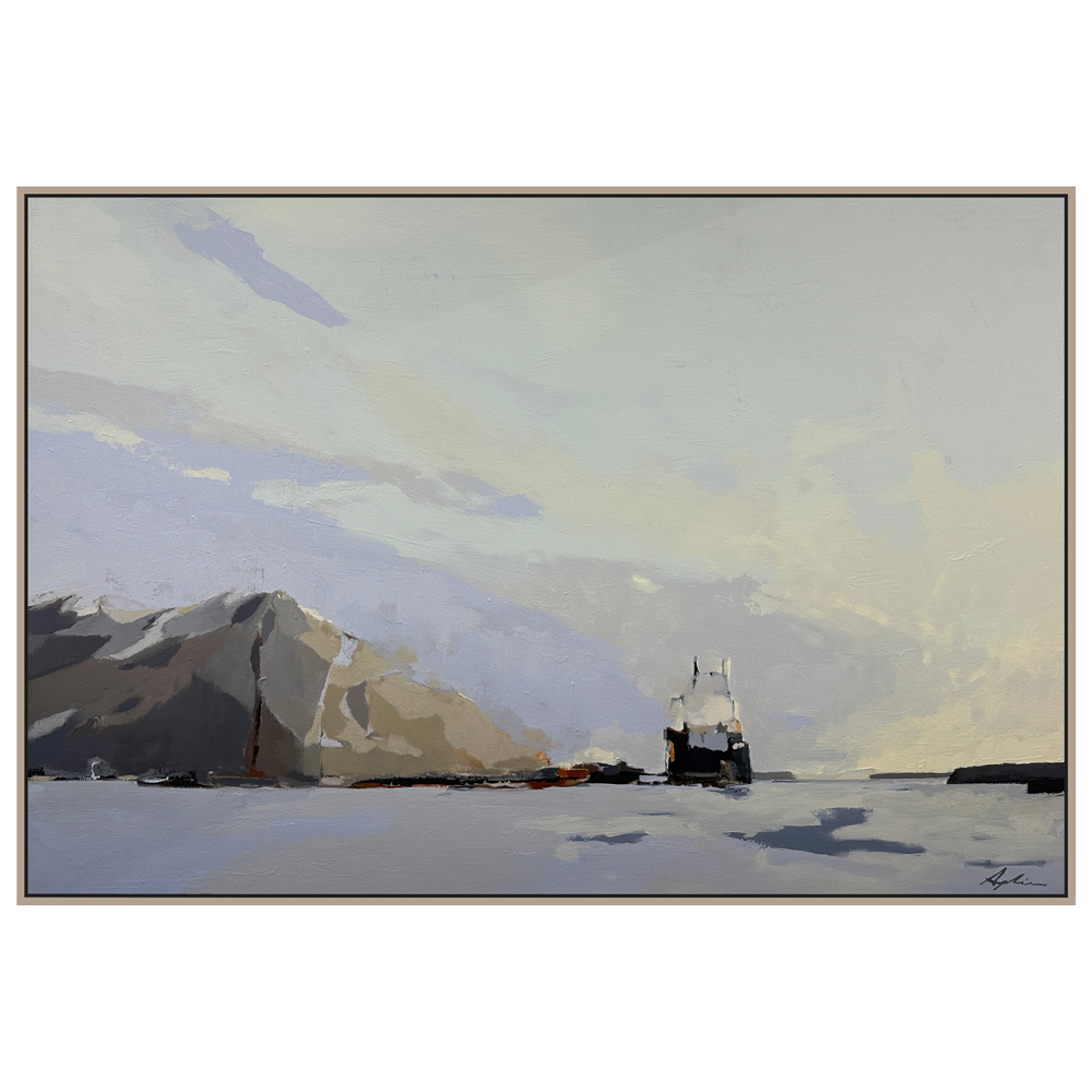 Landscape painting of a ship and grain elevator on a calm harbour under a broad pale sky with muted grey and blue tones, shown in a float frame, by Joanna Aplin, Georgian Bay artist