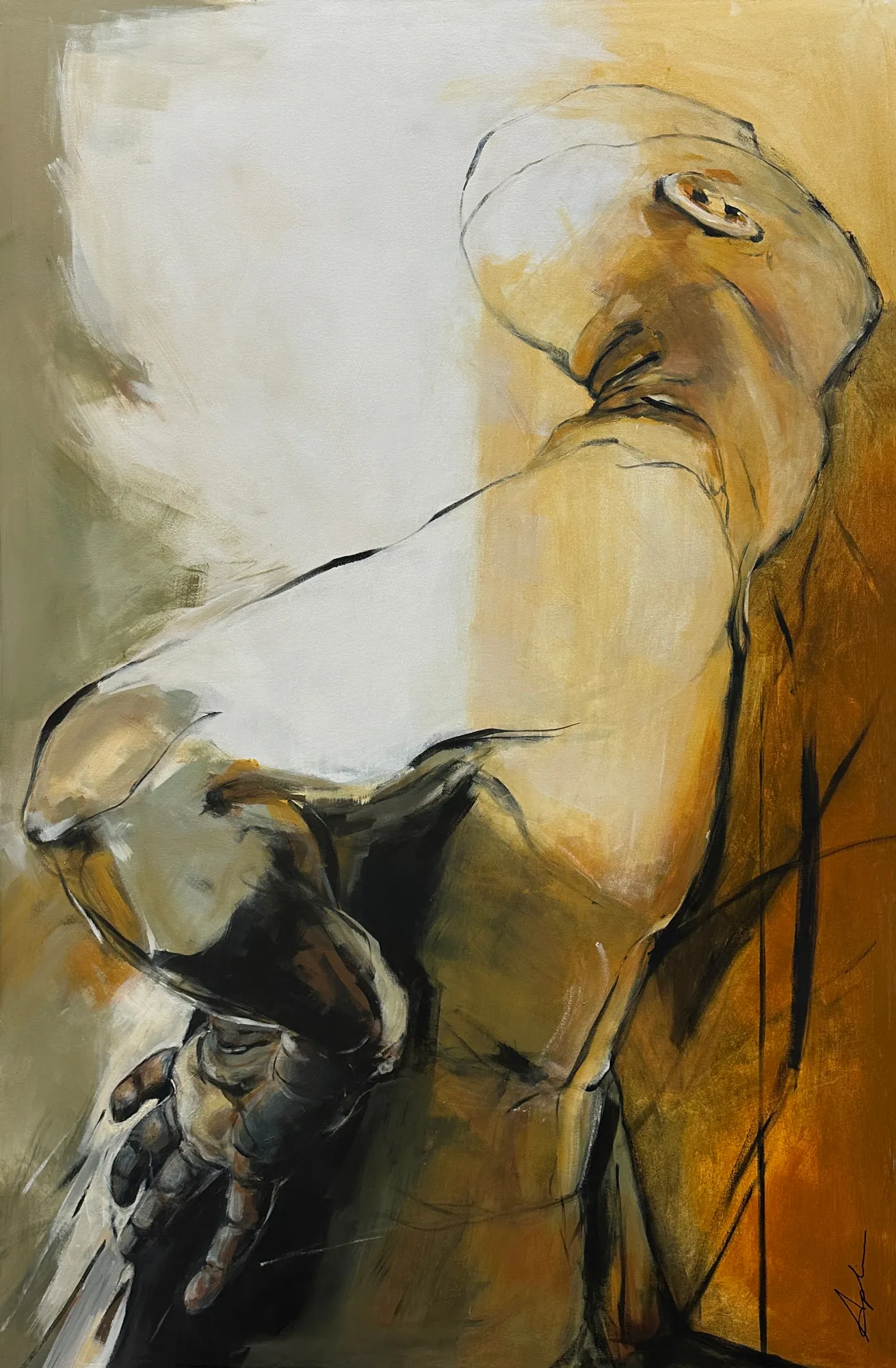 Figurative painting of a figure leaning forward with an outstretched hand, rendered in warm amber, ochre, and cream tones with bold dark contour lines, conveying reaching and vulnerability, by Joanna Aplin, Owen Sound artist.