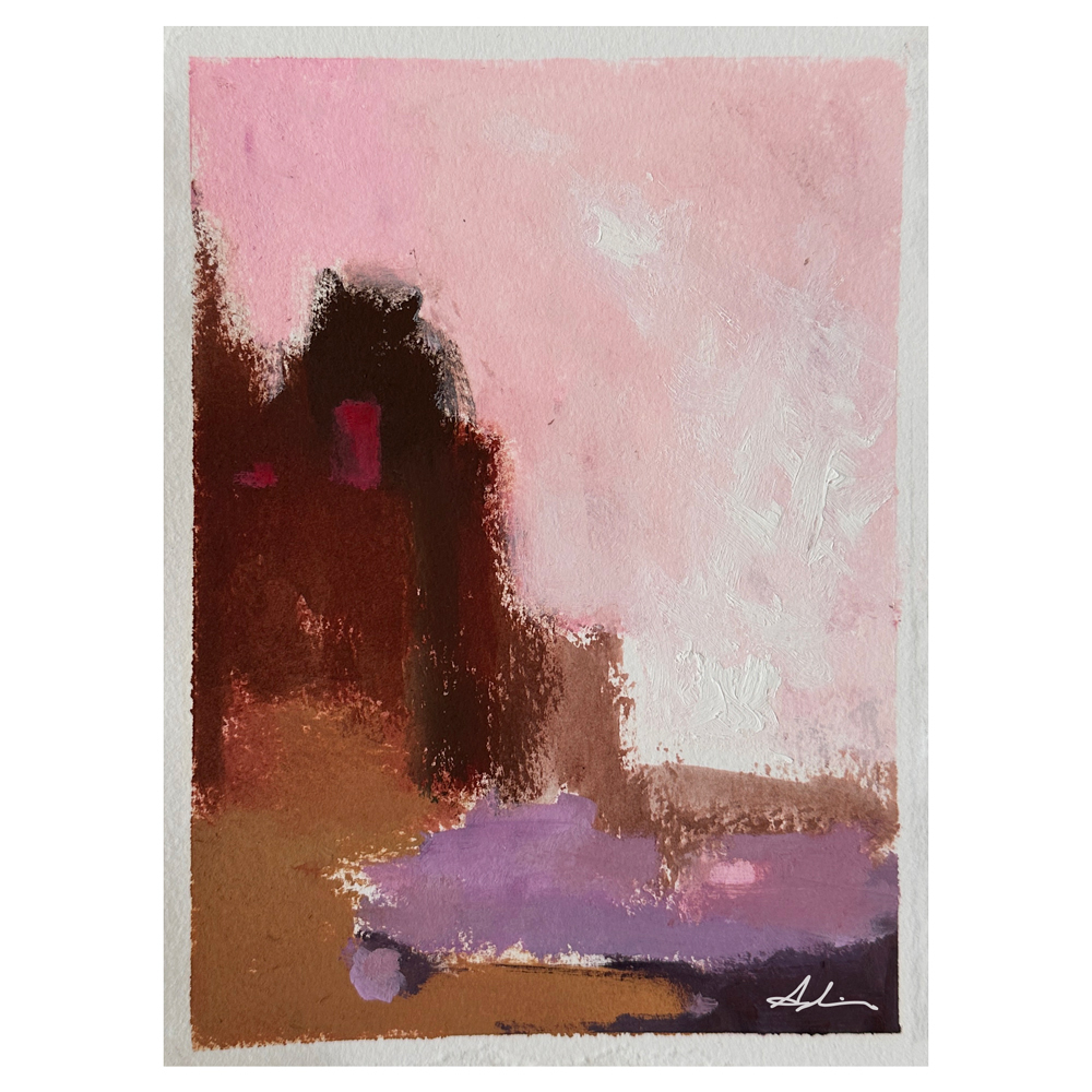 Abstract landscape in warm pinks, deep brown, and lavender with soft atmospheric light suggesting buildings or trees dissolving into a rosy sky, by Joanna Aplin, Canadian artist