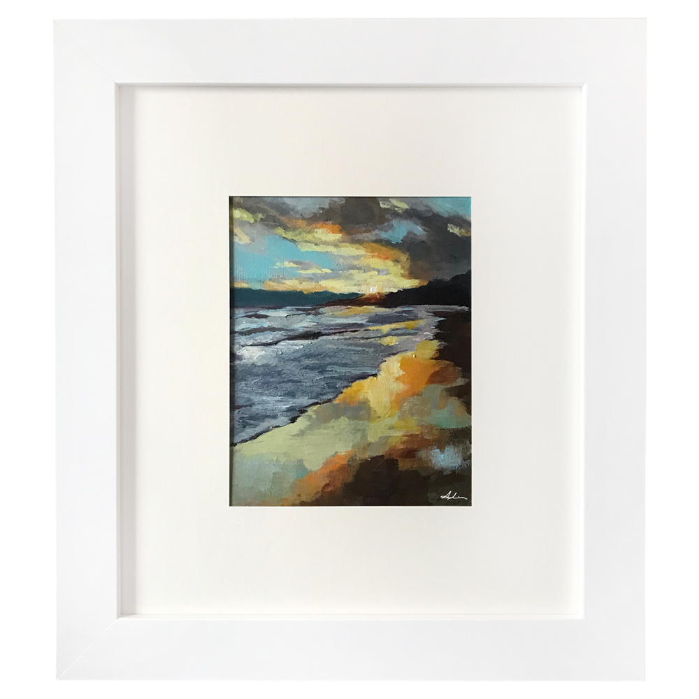 Landscape painting of a dramatic sunset over a shoreline with golden light reflected in wet sand and grey waves, expressive brushwork in orange, blue, and charcoal tones, by Joanna Aplin, Georgian Bay artist.