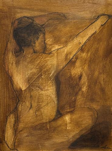 Figure study of a seated woman reaching one arm upward, rendered in warm golden and brown tones with expressive mark-making and deep shadow, by Joanna Aplin, Canadian fine artist