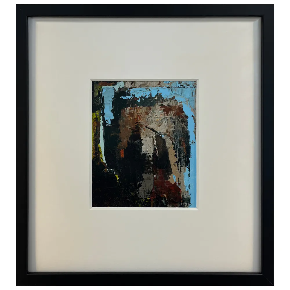 Acrylic on paper — a richly textured abstract work in dark browns, blacks, and earth tones with sky blue breaking through at the edges and yellow-green accents, by Joanna Aplin, Georgian Bay artist