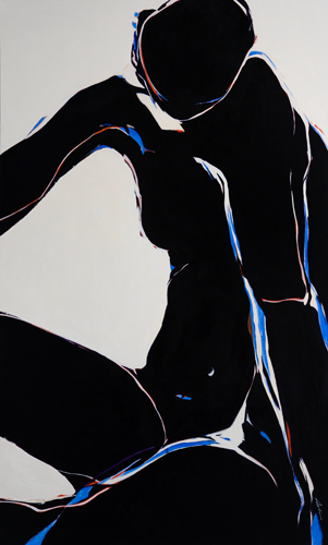 Seated nude figure rendered as a near-black silhouette, edged with fine white, blue and red highlights against a pale ground.