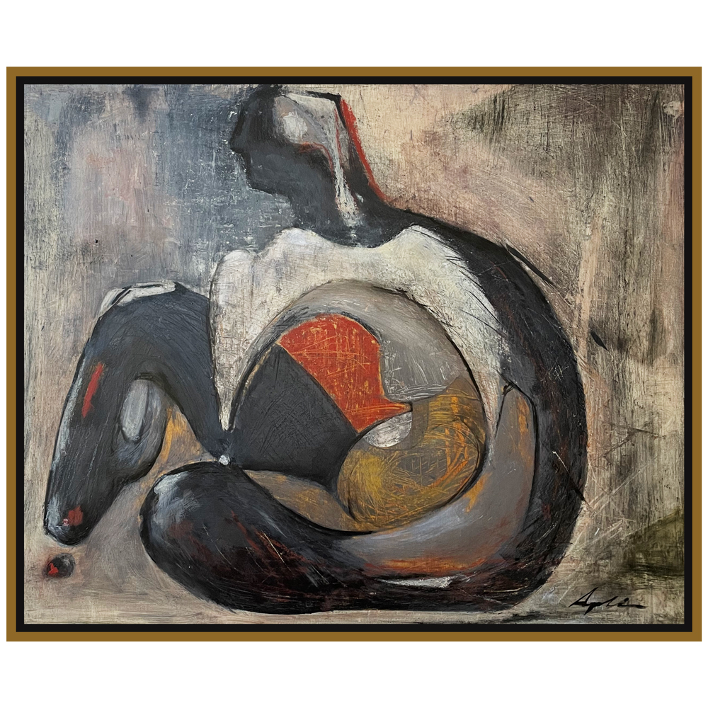 Figurative painting of a seated figure curled inward, depicted in dark tones of charcoal and grey with flashes of red and gold, set against a textured muted background, displayed in a gold float frame, by Joanna Aplin, Canadian figurative artist based in Owen Sound Ontario.
