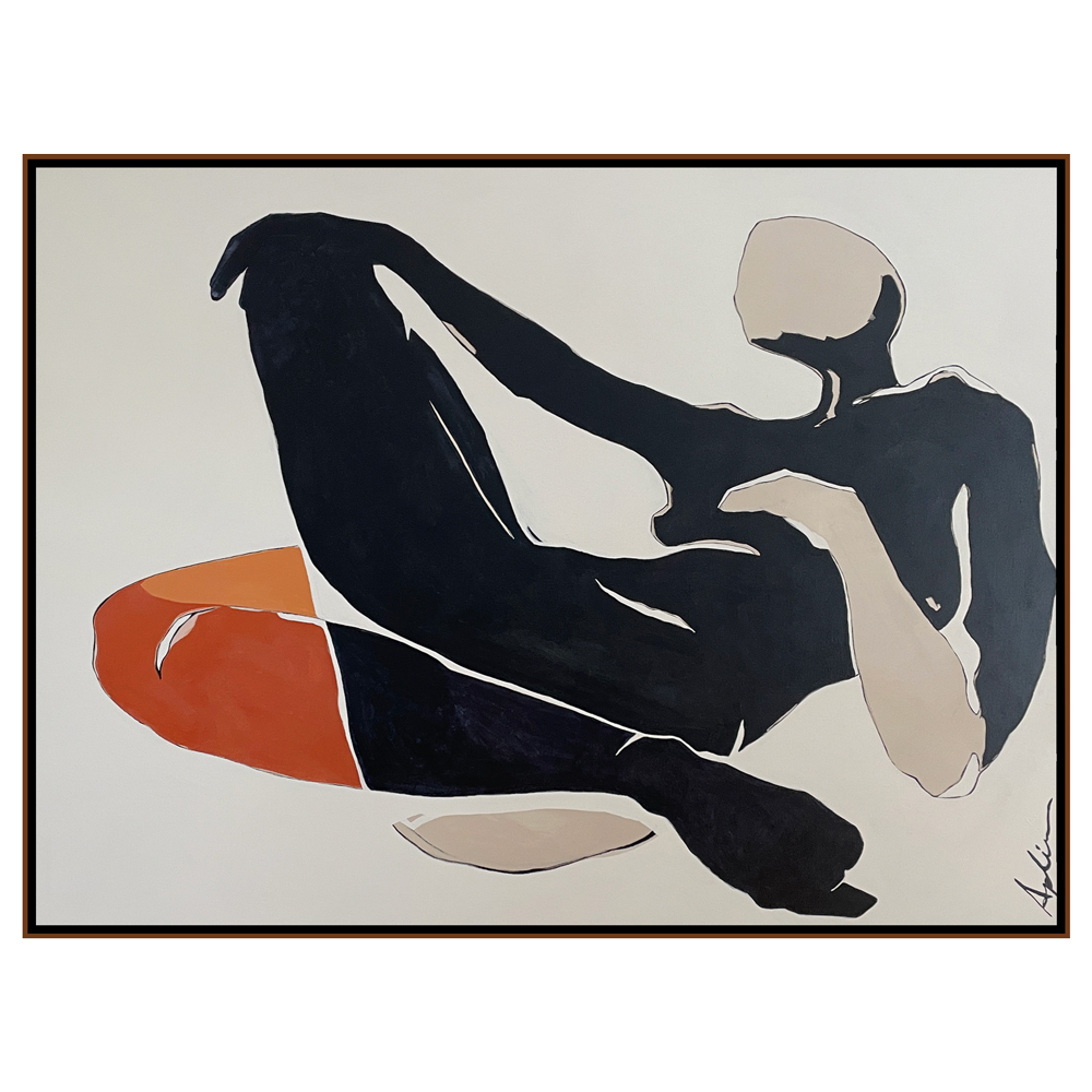 Figurative painting of a reclining figure in stark black silhouette with soft beige skin tones and a bold orange accent, set against a clean cream background, displayed in a float frame, by Joanna Aplin, Georgian Bay artist.