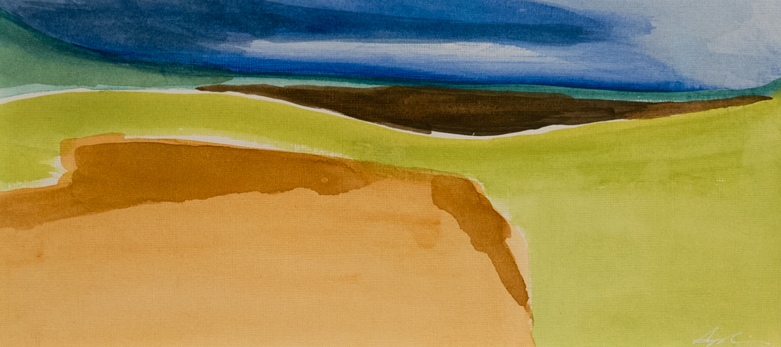 Gouache on paper abstract landscape of rolling fields and a distant horizon in layered bands of ochre, green, brown, and blue, by Georgian Bay artist Joanna Aplin.