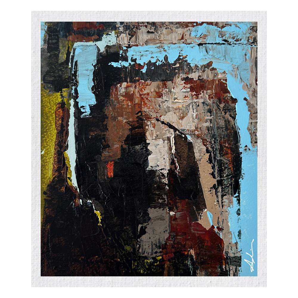 Acrylic on paper — a richly textured abstract work in dark browns, blacks, and earth tones with sky blue breaking through at the edges and yellow-green accents, by Joanna Aplin, Georgian Bay artist