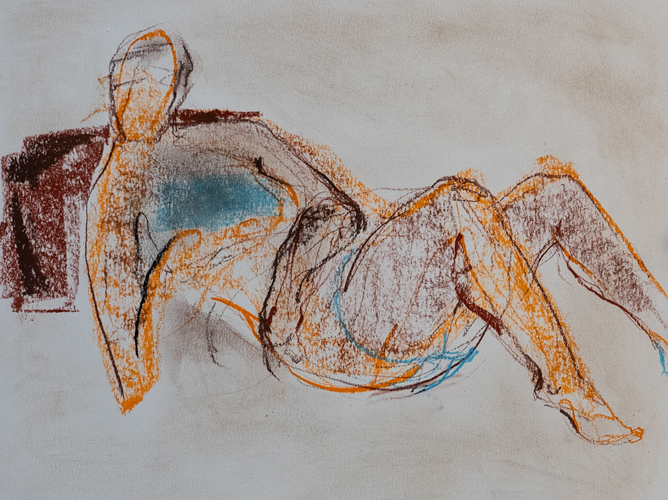 Reclining figure study drawn in vibrant orange, blue, and dark brown with loose expressive linework on a light ground, by Canadian figurative artist Joanna Aplin.