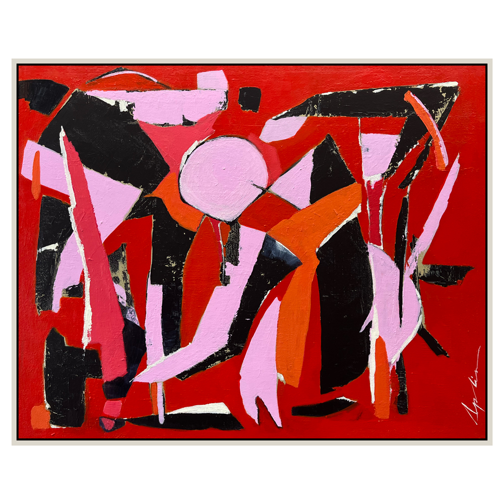 Acrylic on canvas — bold, energetic composition of abstracted figures in vivid red, pink, black, and orange, conveying movement and rhythm through angular geometric forms, by Joanna Aplin, Canadian fine artist.