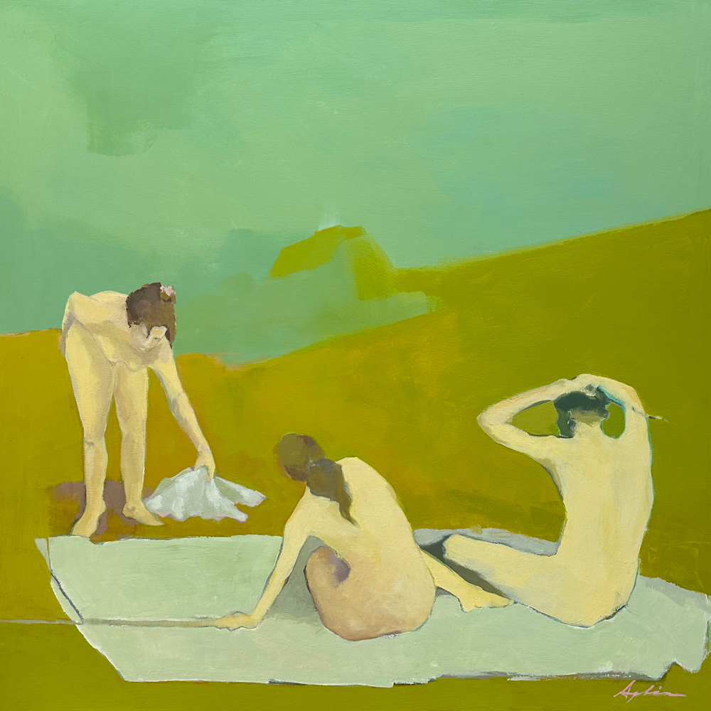 Figurative painting of three figures in warm skin tones arranged around a bathing scene on white cloth against a luminous green and olive landscape, by Joanna Aplin, Canadian fine artist