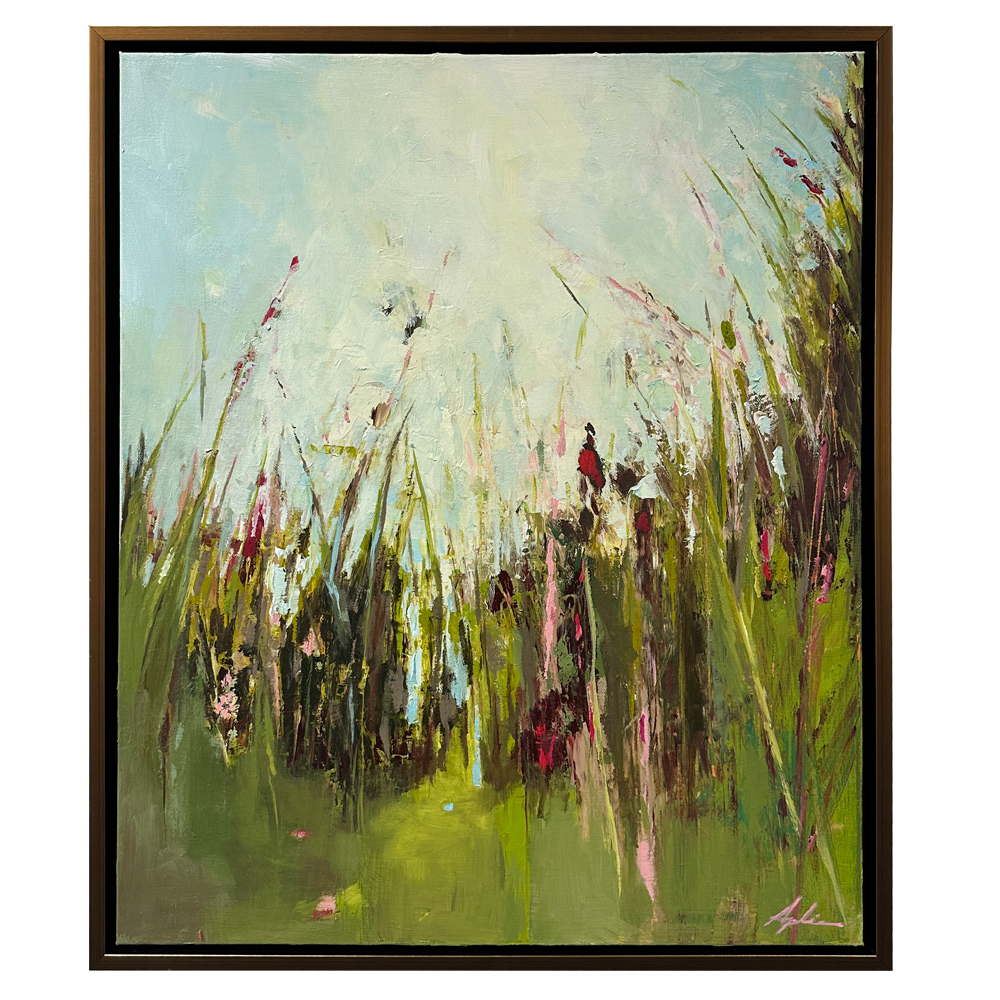 Landscape painting of tall grasses and wildflowers in greens, pinks, and reds reaching upward toward a pale sky with light breaking through, by Joanna Aplin, Canadian landscape artist