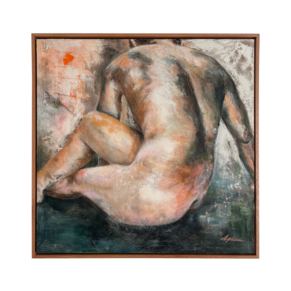 Figurative painting of a seated figure seen from behind, curled inward with expressive skin tones of peach, grey, and ochre against a teal and muted background, displayed in a wooden float frame, by Joanna Aplin, Canadian figurative artist.