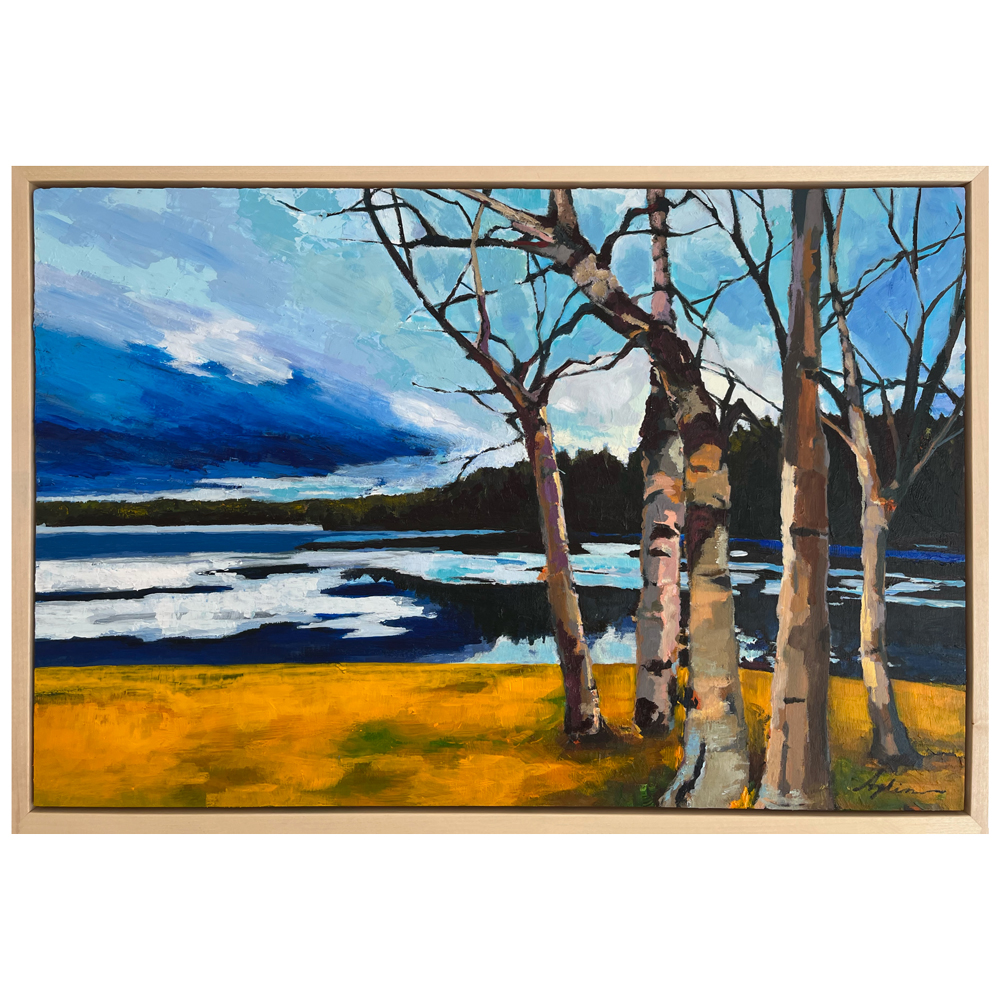 Landscape painting of bare birch trees standing on golden ground before a blue lake with ice breaking up, beneath a dramatic sky of deep blue and white clouds, by Joanna Aplin, Owen Sound Ontario artist