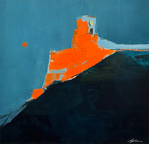 Painting of a bold orange structure perched on a dark hillside against a moody teal sky with a small orange circle hovering nearby, shown framed and matted in gold, by Canadian artist Joanna Aplin