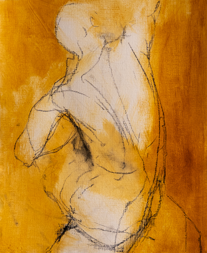 Seated nude figure twists sideways with one arm folded across the chest, sketched in charcoal and cream on a glowing ochre ground.