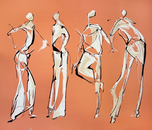 Mixed media on canvas — five gestural standing figures in cream with bold black ink outlines arranged across a warm coral-orange background, by figurative artist Joanna Aplin